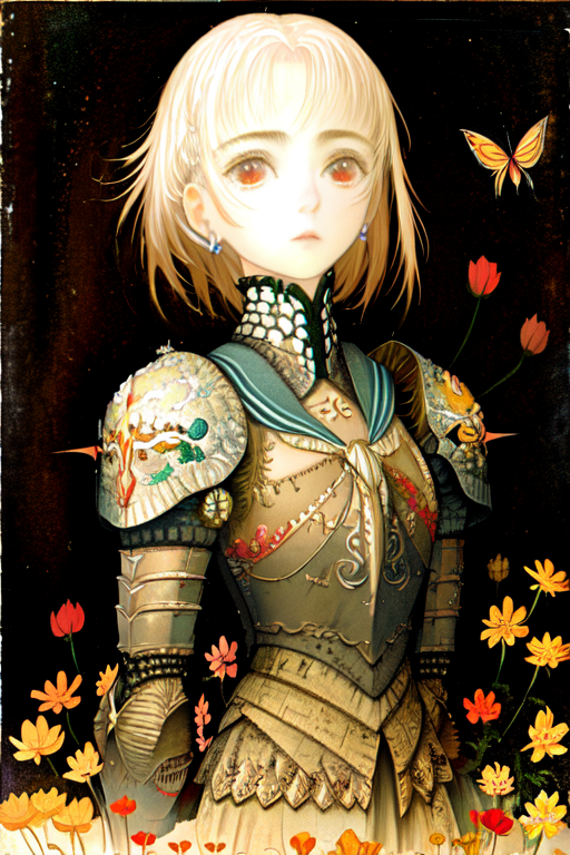 01066-1256179614-paint art, old photo, raw, flowers, tiny girl knight, butterfly, dark background, portrait, armor, armor closeup _lora_Iridescen.png